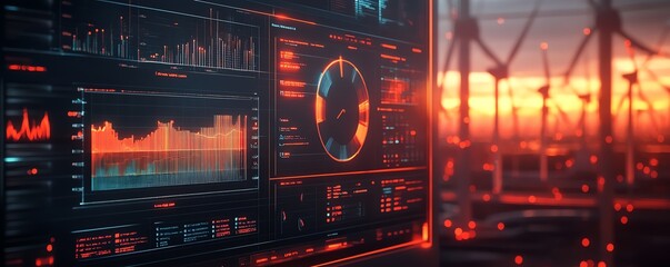 Poster - A modern dashboard interface with wind energy analytics, glowing charts, interactive data visualizations, futuristic aesthetic, sharp details, 8K rendering