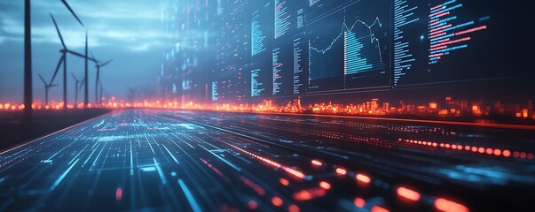 Poster - A modern dashboard interface with wind energy analytics, glowing charts, interactive data visualizations, futuristic aesthetic, sharp details, 8K rendering