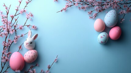 Minimalist Easter Day background . The scene features a soft pastel-colored with various Easter-related items such as decorated eggs, a small bunny figurine, and a few spring flowers