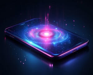 Fototapete - A phone in the center of the image projecting a glowing holographic AI assistant, minimalist design, personalized virtual helper, futuristic technology, highresolution
