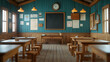 © Putu - Rustic classroom interior, vintage school desks, teal walls, blackboard, wooden floor.  Perfect for educational, nostalgic, or historical themes.