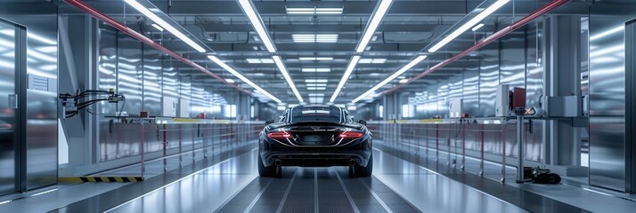Aufkleber - Finished cars undergo performance testing on a sleek lab track with advanced equipment in a modern facility. Generative AI