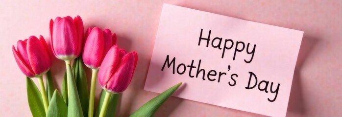  Happy Mother's Day. Text Happy Mother's Day on a card and a beautiful bouquet of tulips, top view. Stylish floral card. Mother's Day