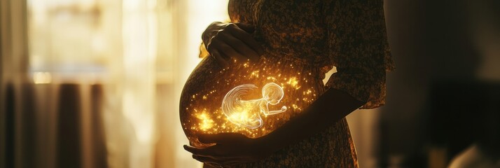 Wall Mural - Mother gently cradles her belly with a glowing sketch of a baby inside as sunlight streams through the window. Generative AI