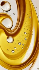 Wall Mural - Golden liquid swirls with drops and bubbles captured in close-up