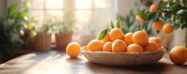 Wall Mural - Fresh oranges resting in a basket on a rustic wooden table