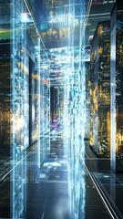Wall Mural - futuristic corridor with glowing data streams in a high-tech cityscape at night