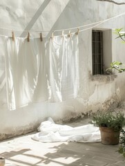 Aufkleber - Freshly washed linen hanging on a clothesline in a sunlit courtyard on a warm afternoon. Generative AI