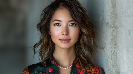 Wall Mural - A close-up portrait of a woman with wavy hair, wearing a floral-patterned outfit and pearls.