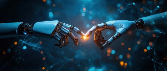 A detailed robotic hand is positioned gracefully, showcasing its intricate design and advanced mechanics, reflecting cutting-edge technology in robotics.