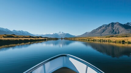 Naklejka na meble Calm lake mirroring mountains, viewed from a boat's bow.