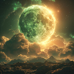 Wall Mural - large green moon is floating in the sky above a rocky landscape. the sky is filled with clouds and s