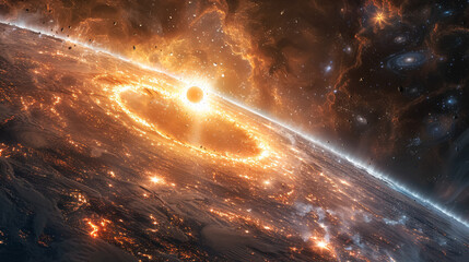 Wall Mural - planet with a large crater in the middle and a sun in the center. the sun is surrounded by a lot of 