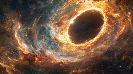 Wall Mural - black hole is in the center of a galaxy with a bright orange cloud surrounding it. the bright orange