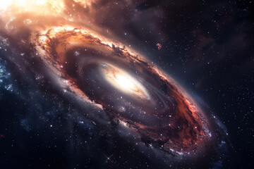Wall Mural - spiral galaxy with a bright yellow center. the galaxy is surrounded by a dark blue sky. the stars ar