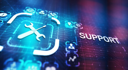 Fototapete - Support button on virtual screen. Customer service and communication concept.