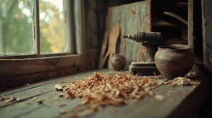 Closeup view of a manually operated hand drill with neatly scattered wooden shavings in an organized tidy and visually appealing woodworking or DIY workspace setting