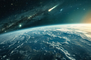 Wall Mural - space shot of the earth with a comet falling towards it. concept of awe and wonder at the vastness o