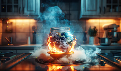 Wall Mural - jar filled with a globe is placed on a stove burner, with flames shooting out of it. the scene is se
