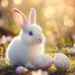 A white baby rabbit with blue eyes sits next to two Easter painted eggs against the backdrop of a sunny spring meadow out of focus with a bokeh effect