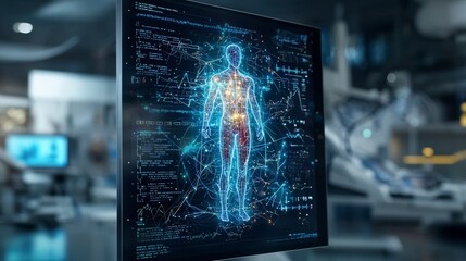 Fototapete - Digital display of evolving equations in a futuristic lab illustrating human anatomy and data integration