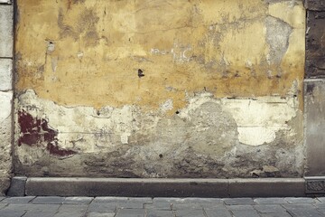 Wall Mural - Weathered yellow wall texture with aged plaster, showing stone base and pavement.