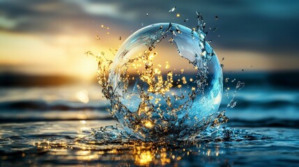 Poster - Surreal water sphere rising above ocean waves beach sunset scene dynamic art capture nature's beauty close-up view
