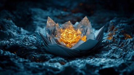 Aufkleber - Surreal paper sheets folding around glowing lotus fantasy landscape digital art ethereal glow close-up dreamlike concept
