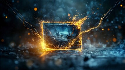 Aufkleber - Connecting past to future surreal nighttime art of old photos and futuristic landscapes with glowing wires