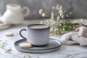 Wall Mural - Steaming cup of coffee with biscuits on a cozy morning table setting