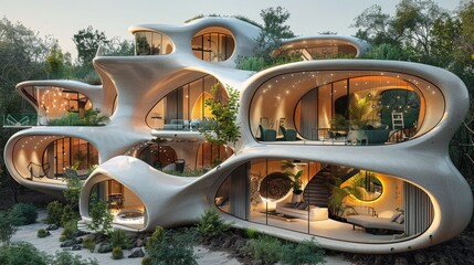 Wall Mural - A futuristic, organic-shaped house nestled in a lush environment with large glass windows.