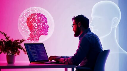 Innovative man coding on laptop with AI technology and digital brain concepts in background, Prores 422HQ