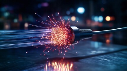 Fototapete - Dynamic fiber optic technology showcase urban setting abstract visuals nighttime environment close-up perspective