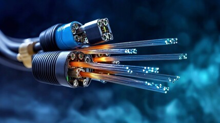 Poster - Dynamic fiber optic cables illuminating technology modern lab high-resolution image blue environment close-up view innovation