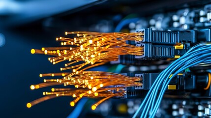 Aufkleber - Illuminated fiber optic cables in technology hub closeup shot high-tech environment modern viewpoint innovation concept