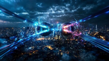 Aufkleber - Futuristic fiber optic connection urban cityscape digital art nighttime aerial view connectivity vision