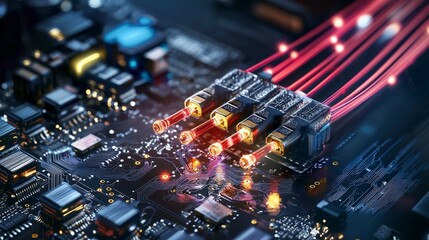 Poster - High-definition visuals of circuit board communication signals in a futuristic technology lab - close-up perspective