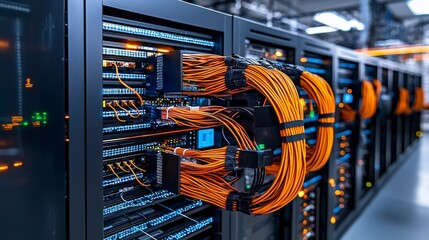 Poster - Fiber optic cable integration in data centers technology hub photography industrial environment wide angle view innovation