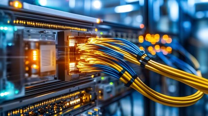 Poster - Fiber optic cables in data center technology infrastructure wired environment close-up view connectivity concept
