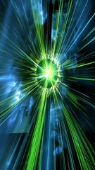 Wall Mural - energetic burst of green light radiating through a blue background in an abstract setting