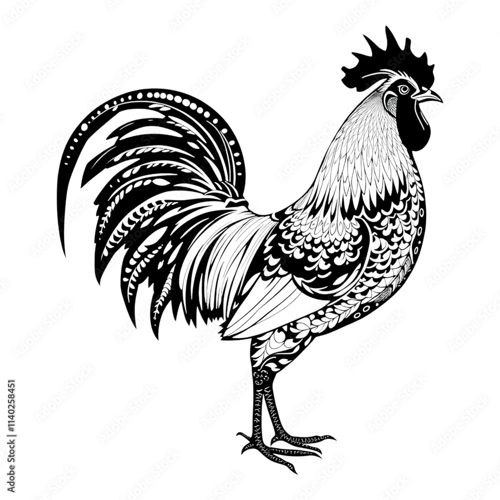 Ruster Line Rooster Illustration: A detailed line drawing of a rooster in a classic ...