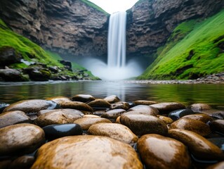 Wall Mural - A serene waterfall cascades over rocky cliffs, surrounded by lush greenery and smooth stones, creating a tranquil natural oasis.