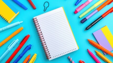 Poster - Colorful arrangement of stationery items around an empty notepad on a vibrant blue background attracts creativity. Generative AI
