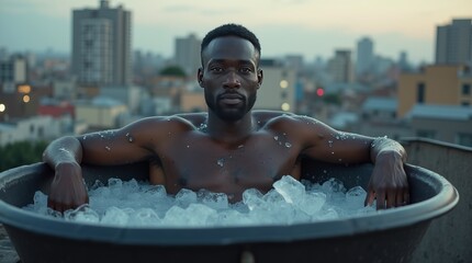 Man sitting in a tub of ice on a rooftop with a cityscape in the background, serene expression, concept of relaxation and recovery. Ice bath pod concept