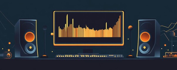 Computer home desktop concept. Desktop with external speakers, vibrant soundwave animation, flat design illustration