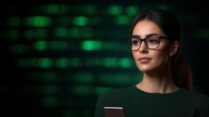 Tech Savvy Woman with Phone and Data Stream Background
