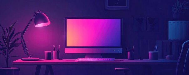 Computer home desktop concept. Nighttime workspace, desktop glowing softly, flat design illustration