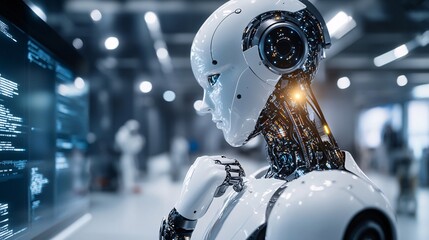 Poster - Thoughtful robot reading code on a large screen in a modern laboratory