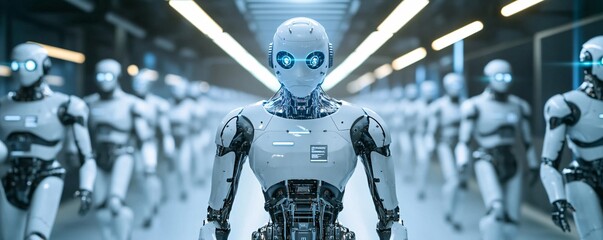 Poster - Army of robots marching in a technological facility: artificial intelligence concept