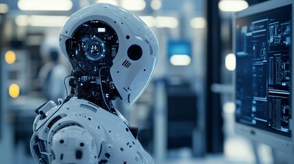 Poster - Advanced humanoid robot analyzing data on computer screen in modern laboratory